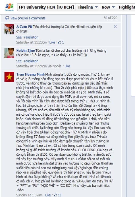 Nhiều sinh viên ĐH FPT TP. Hồ Chí Minh tỏ ra bức xúc trước việc phải đóng thêm 100 USD vì nộp trễ học phí vài phút